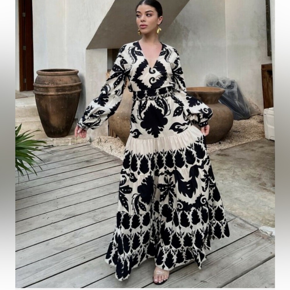 Zara Printed Maxi Dress Long Balloon Sleeves Black Cream Trending SZ XS EUC - Picture 3 of 13